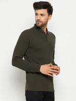 Man wearing 98degreenorth Men Polo Collar Full Sleeves T-shirt - Olive and black pants against a white background.