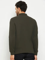 Man in a 98degreenorth Men Polo Collar Full Sleeves T-shirt - Olive, facing away against a light background.