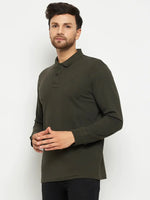 Man wearing a 98degreenorth Men Polo Collar Full Sleeves T-shirt in olive, standing against a white background.
