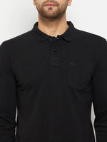 Man in 98degreenorth Men Polo Collar Full Sleeves With Pocket Black T-shirt, premium cotton blend with logo.