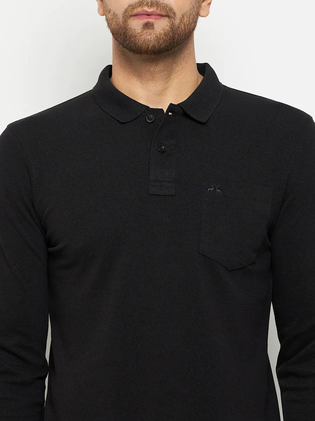 Man in 98degreenorth Men Polo Collar Full Sleeves With Pocket Black T-shirt, premium cotton blend with logo.