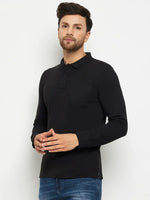 Man in 98degreenorth Men Polo Collar Full Sleeves With Pocket Black T-shirt and blue jeans, on white background.