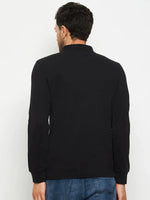 Man in 98degreenorth Men Polo Collar Full Sleeves With Pocket Black T-shirt and blue jeans, back to camera, on white.