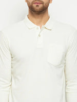 Man wearing 98degreenorth Men Polo Collar Full Sleeves With Pocket Butter T-shirt, shown from shoulders to waist.