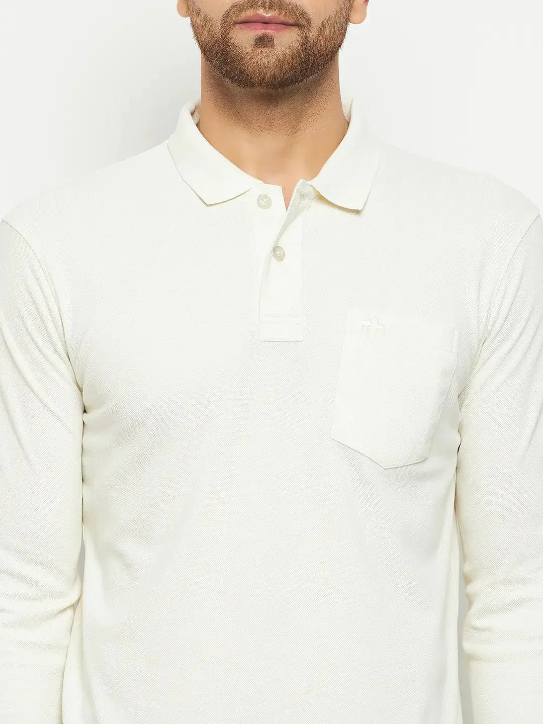 Man wearing 98degreenorth Men Polo Collar Full Sleeves With Pocket Butter T-shirt, shown from shoulders to waist.