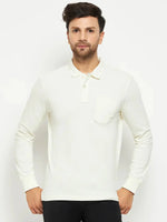 Man wearing 98degreenorth Men Polo Collar Full Sleeves With Pocket Butter T-shirt, standing against a white background.