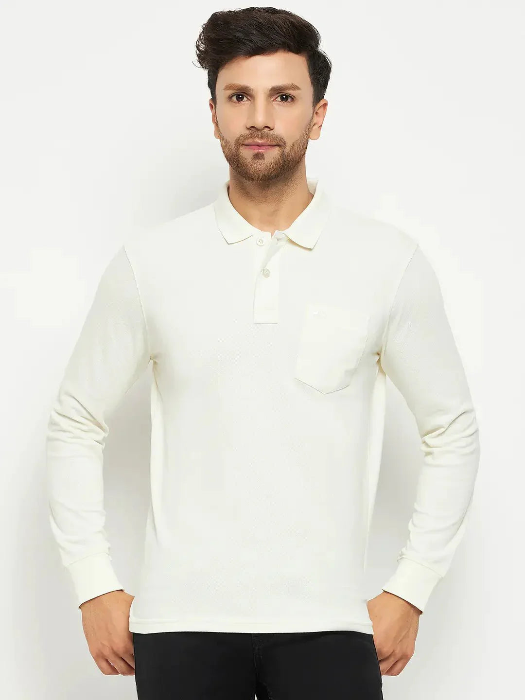 Man wearing 98degreenorth Men Polo Collar Full Sleeves With Pocket Butter T-shirt, standing against a white background.