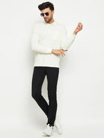 Man in sunglasses wears a 98degreenorth Men Polo Collar Full Sleeves With Pocket Butter T-shirt, black pants, and white sneakers.