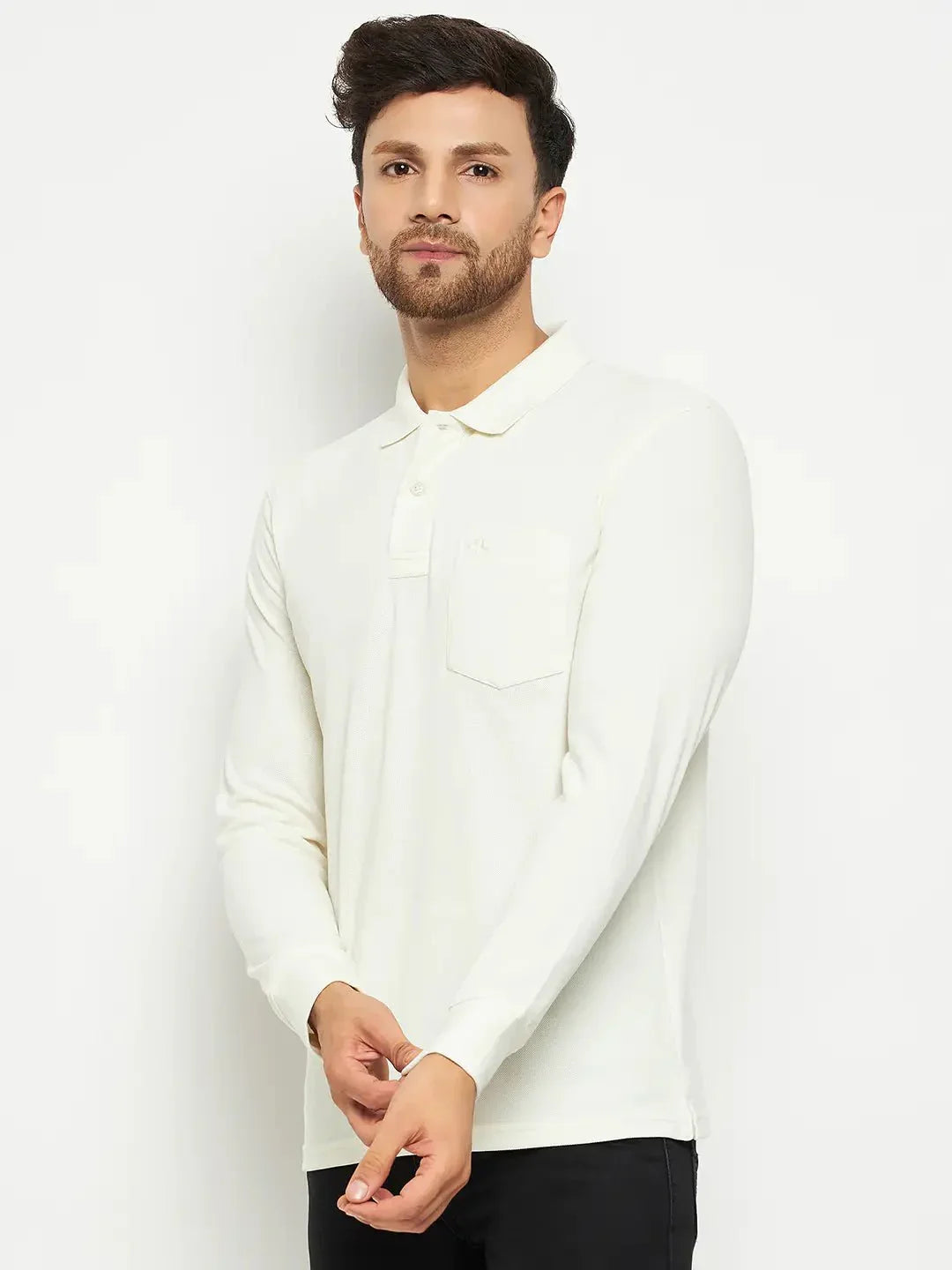 Man in 98degreenorth Men Polo Collar Full Sleeves With Pocket Butter T-shirt stands against a plain white background.