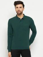Man wearing a 98degreenorth Men Polo Collar Full Sleeves With Pocket Dark Green T-shirt and black pants.