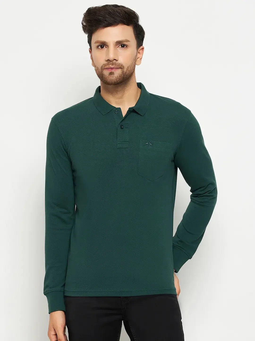 Man wearing a 98degreenorth Men Polo Collar Full Sleeves With Pocket Dark Green T-shirt and black pants.