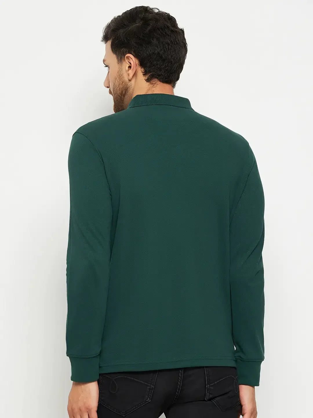 Man in a 98degreenorth Men Polo Collar Full Sleeves With Pocket Dark Green T-shirt, seen from the back.