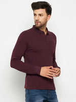Man wears 98degreenorth Men Polo Collar Full Sleeves With Pocket Dark Wine T-shirt with blue jeans, on white background.