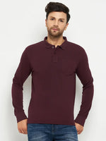 Man in 98degreenorth Men Polo Collar Full Sleeves With Pocket Dark Wine T-shirt and blue jeans, against white background.