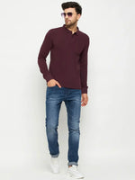 Man in a 98degreenorth Men Polo Collar Full Sleeves With Pocket Dark Wine T-shirt, blue jeans, and sunglasses.