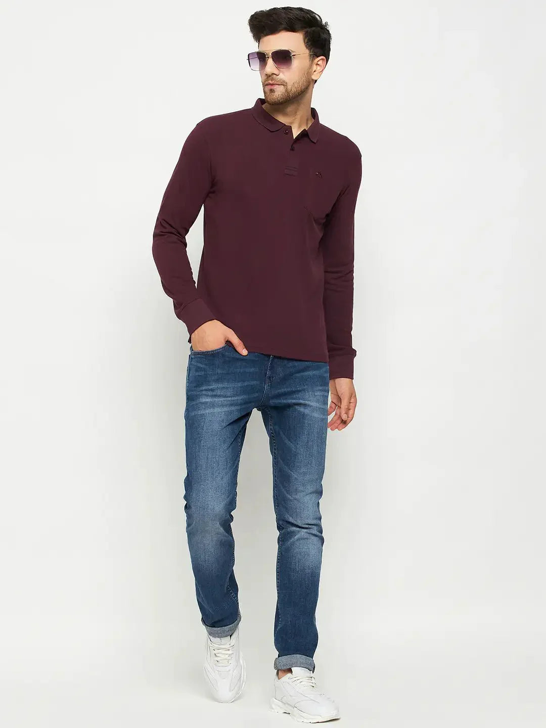 Man in a 98degreenorth Men Polo Collar Full Sleeves With Pocket Dark Wine T-shirt, blue jeans, and sunglasses.