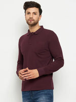 Man in a 98degreenorth Men Polo Collar Full Sleeves With Pocket Dark Wine T-shirt, ideal for smart office wear.