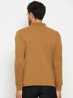 Man in 98degreenorth Men Polo Collar Full Sleeves With Pocket Khakhi T-shirt, back to camera, plain background.