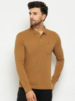 Man wears 98degreenorth Men Polo Collar Full Sleeves Khakhi T-shirt with pocket, against a white background.