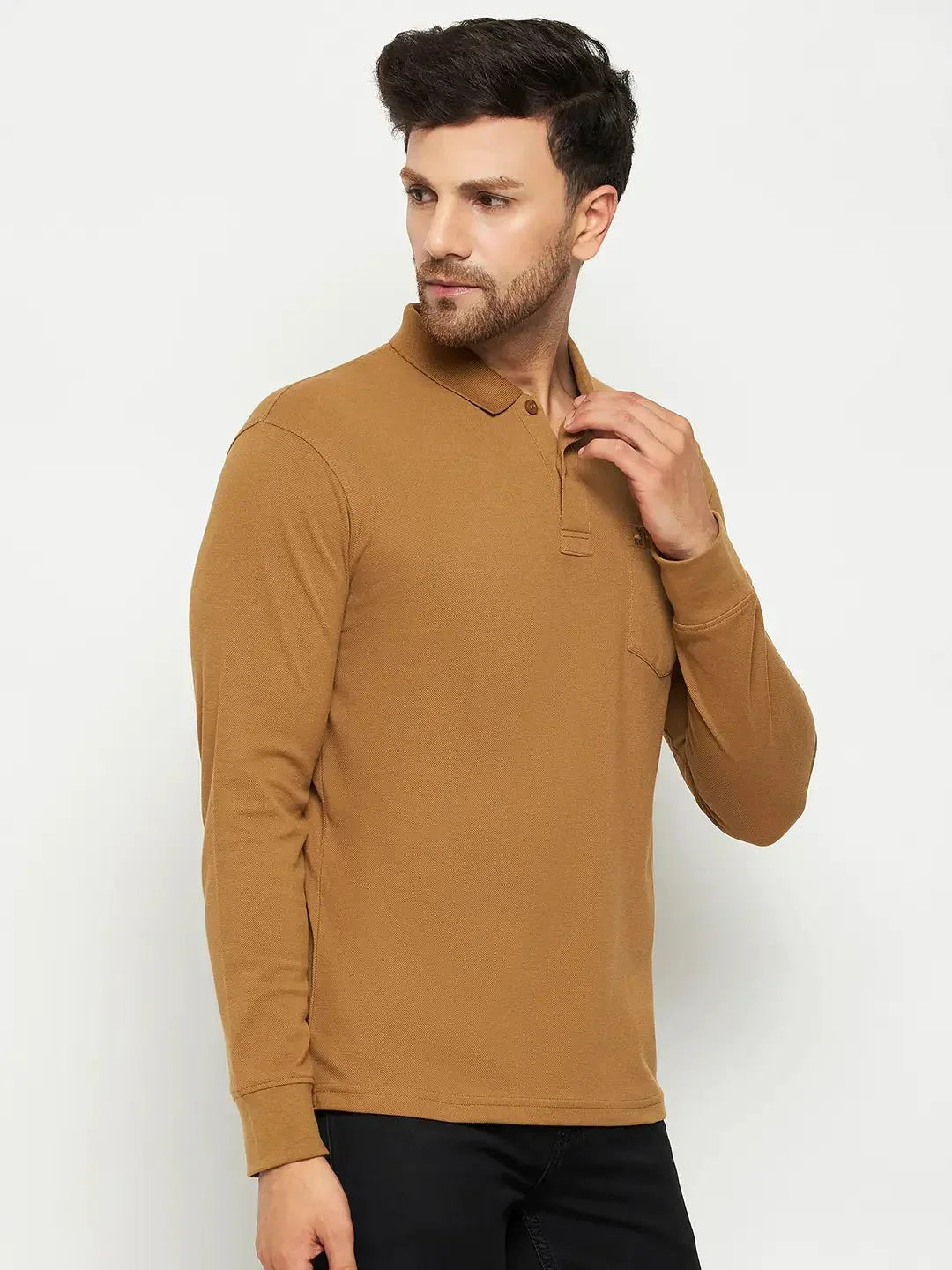 Man wears 98degreenorth Men Polo Collar Full Sleeves With Pocket Khakhi T-shirt, standing against a white background.