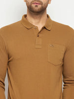 Man in 98degreenorth Men Polo Collar Full Sleeves With Pocket Khakhi T-shirt.