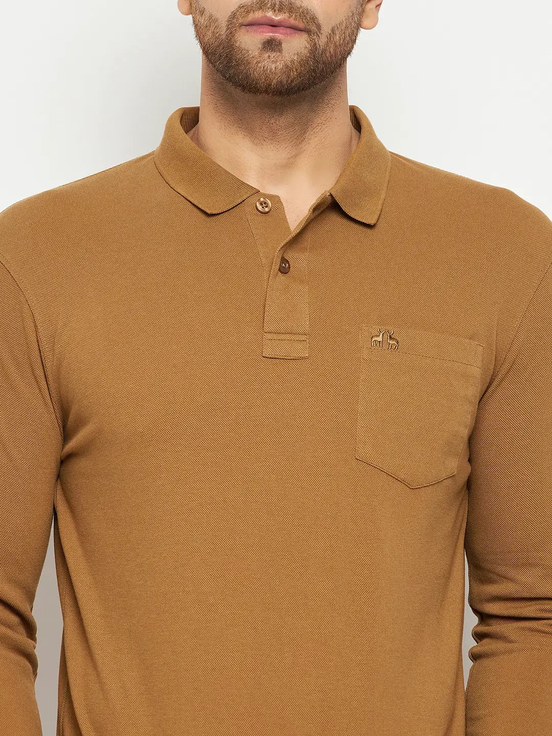 Man in 98degreenorth Men Polo Collar Full Sleeves With Pocket Khakhi T-shirt.