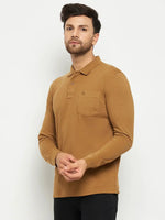 Man wearing 98degreenorth Men Polo Collar Full Sleeves Khakhi T-shirt with pocket, crafted from premium cotton blend.