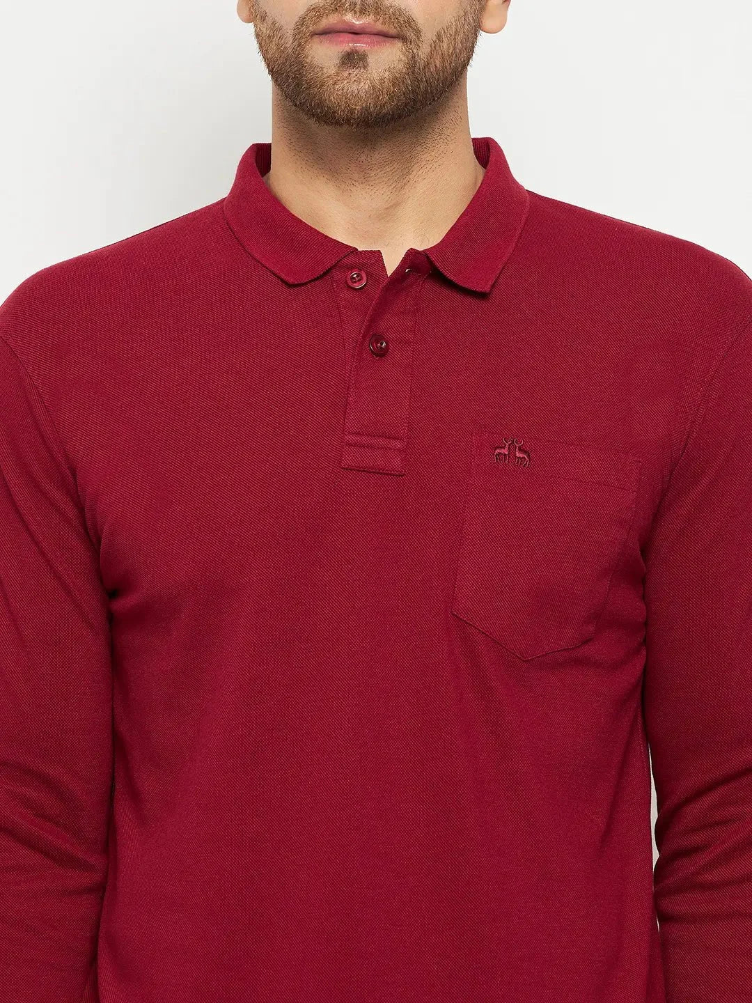 Man in 98degreenorth Men Polo Collar Full Sleeves With Pocket Maroon T-shirt—ideal for travel.