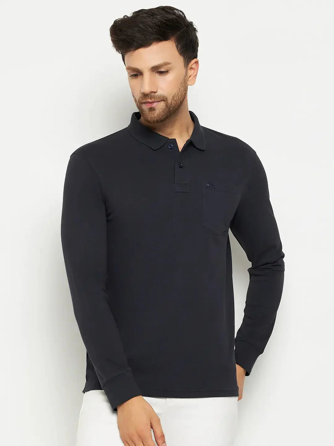 Man wearing a 98degreenorth Men Polo Collar Full Sleeves With Pocket Navy T-shirt against a white background.