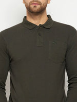 A man wears a 98degreenorth Men Polo Collar Full Sleeves With Pocket T-shirt in olive, shown shoulders to waist.