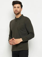 Man wearing 98degreenorth Men Polo Collar Full Sleeves With Pocket T-shirt in olive, standing against a white background.