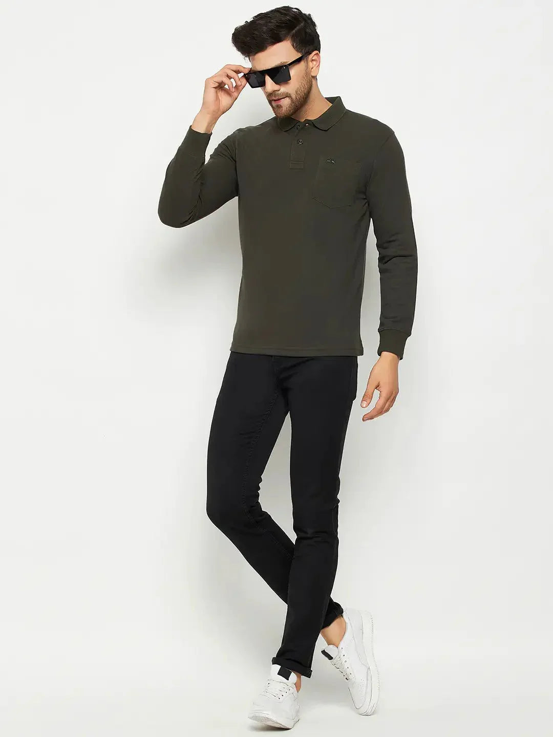 Man in black sunglasses wears 98degreenorth Men Polo Collar Full Sleeves With Pocket T-shirt - Olive and black pants.