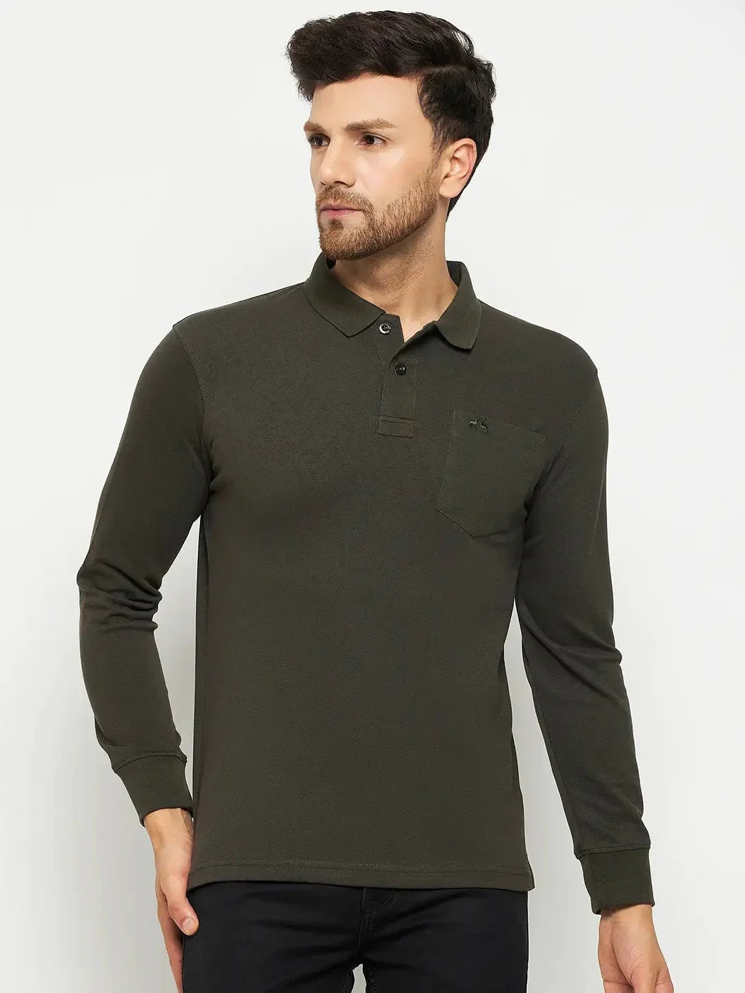 Man in 98degreenorth Men Polo Collar Full Sleeves With Pocket T-shirt - Olive, standing against a white background.