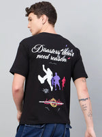 Man in a 98degreenorth Men Typography Black Printed Round Neck T-shirt with colorful silhouettes on the back.