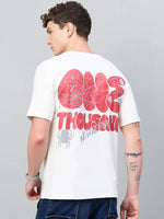 Man in 98degreenorth Men Typography Offwhite Printed T-shirt with red text, web, and spider design on the back, facing away.