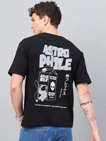 Man wears 98degreenorth Men Typography Printed Round Neck Black T-shirt, standing sideways.