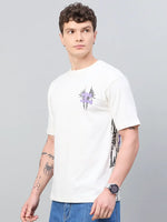 Man in 98degreenorth Men Typography Printed Round Neck Offwhite T-shirt and blue jeans, showcasing streetwear style.