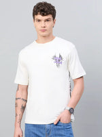Man wearing a 98degreenorth Men Typography Printed Round Neck Offwhite T-shirt, blue jeans, and wristwatch.