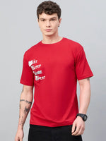 Young man in streetwear shows tattoos, wearing 98degreenorth Men Typography Printed Round Neck Red T-shirt.
