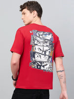 A person in a Men Typography Printed Red T-shirt by 98degreenorth, standing sideways—ideal streetwear for gamers.