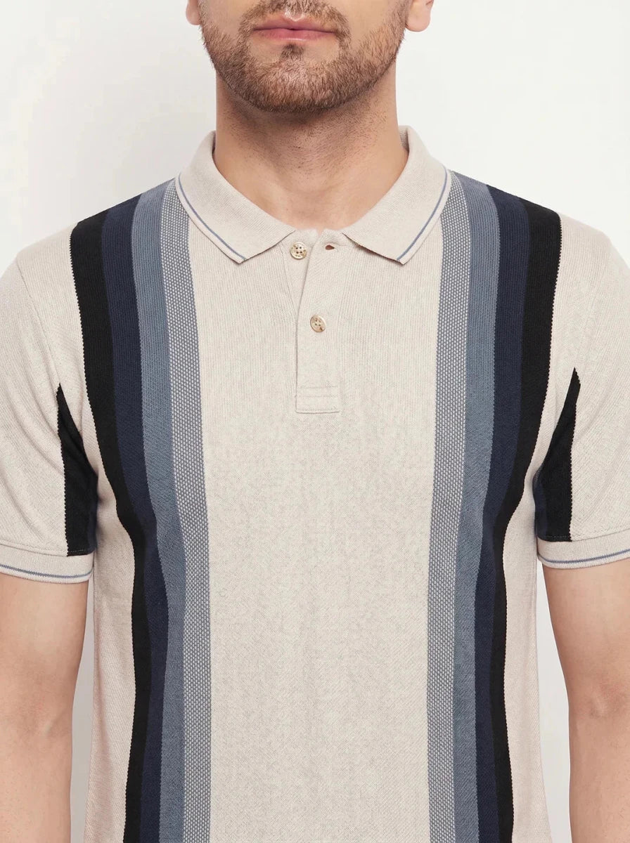A man wears the 98degreenorth Men's Beige Vertical Striped Polo T-Shirt, shown from shoulders to lips.