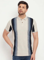 Man wears 98degreenorth Men's Beige Vertical Striped Polo T-Shirt, Pique Knit Retro Stripe, against a white background.