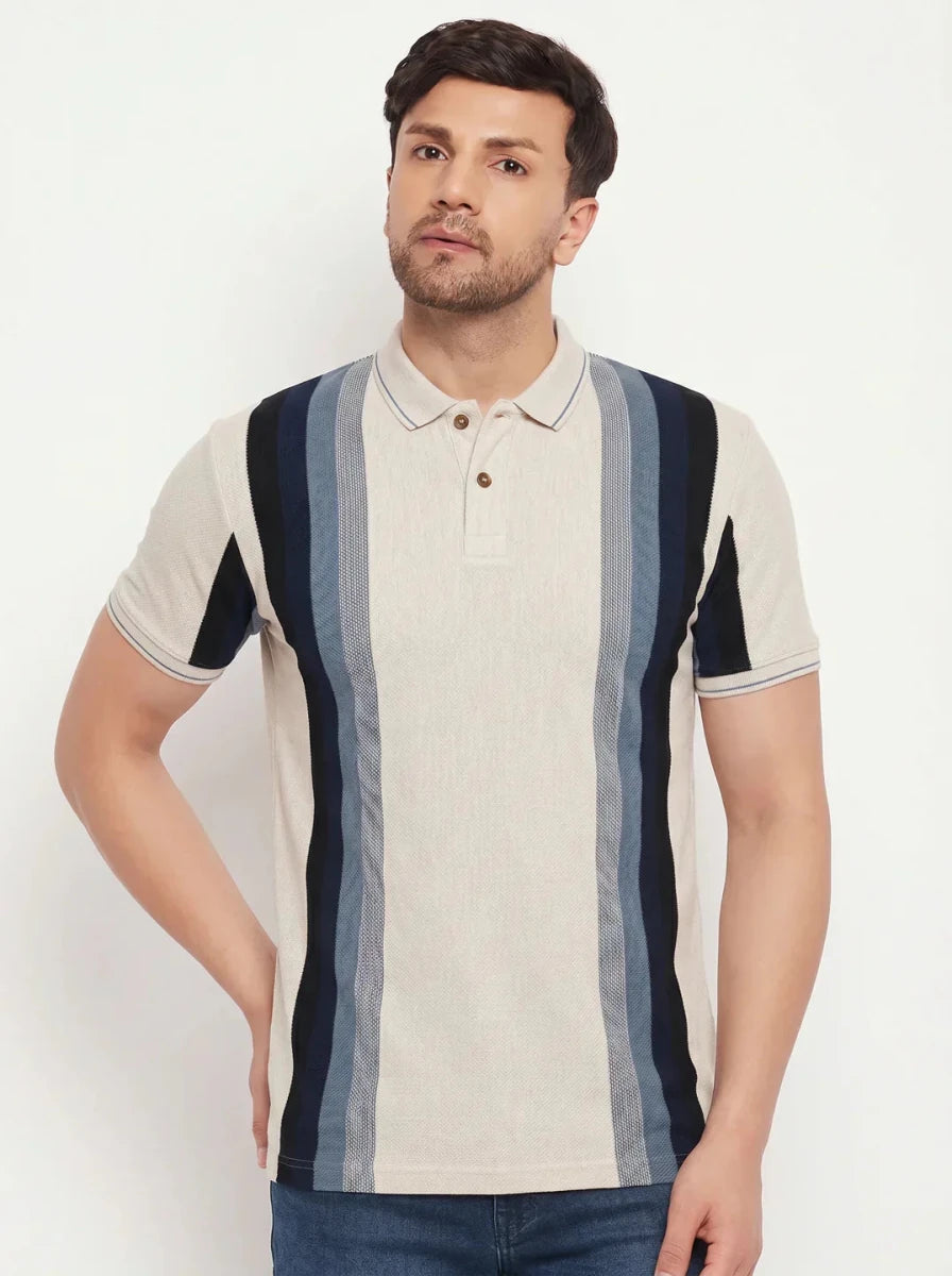 Man wears 98degreenorth Men's Beige Vertical Striped Polo T-Shirt, Pique Knit Retro Stripe, against a white background.