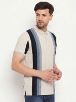 Man wears 98degreenorth Men's Beige Vertical Striped Polo T-Shirt, standing against a plain white background.
