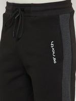 98degreenorth Men’s Black Fleece Trackpants with side design—stylish winter joggers for gym & travel.