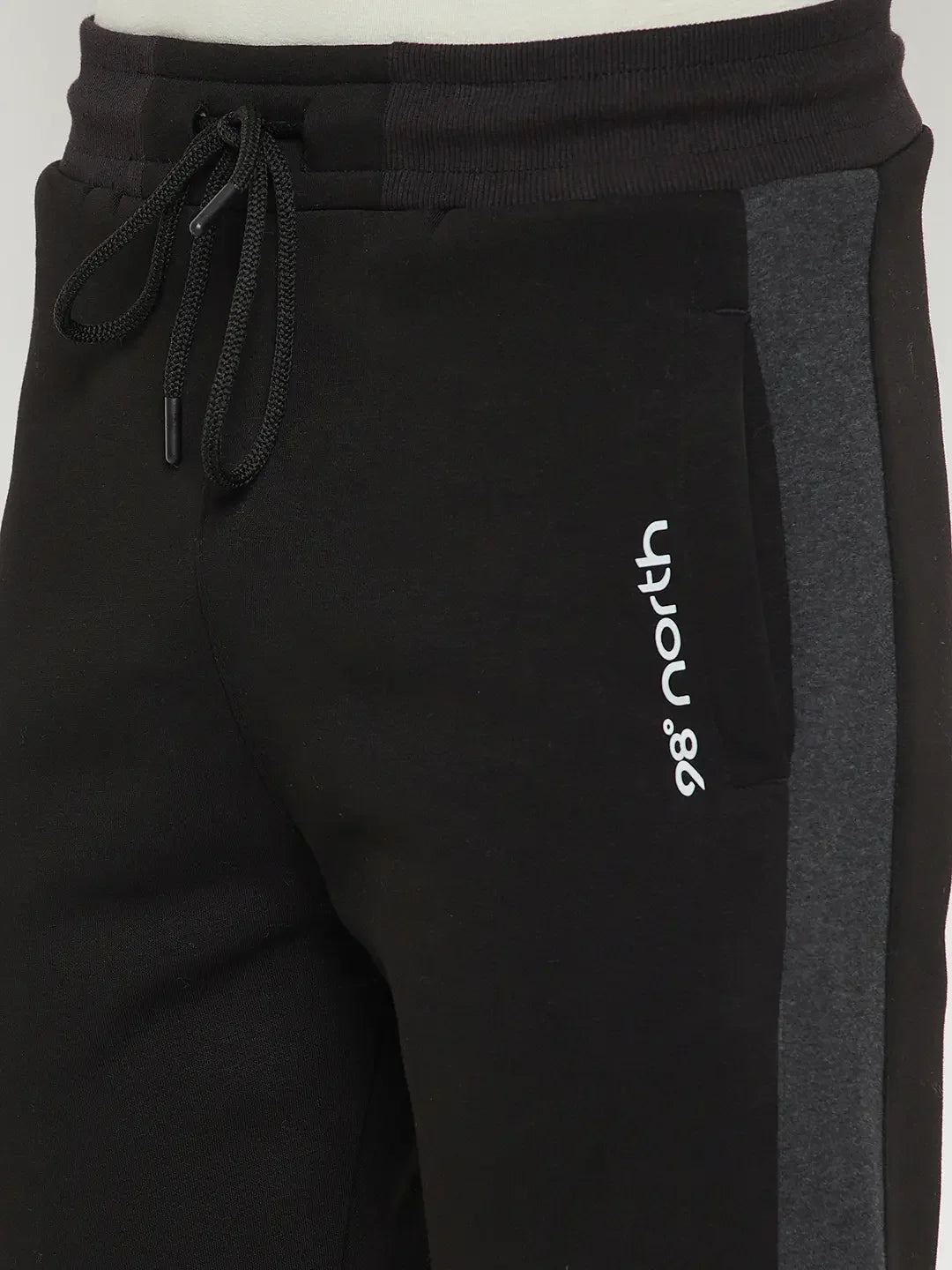 98degreenorth Men’s Black Fleece Trackpants with side design—stylish winter joggers for gym & travel.