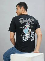 Man wears 98degreenorth Men's Black Graphic Oversized T-Shirt with RockStar back print, by 98 Degree North.