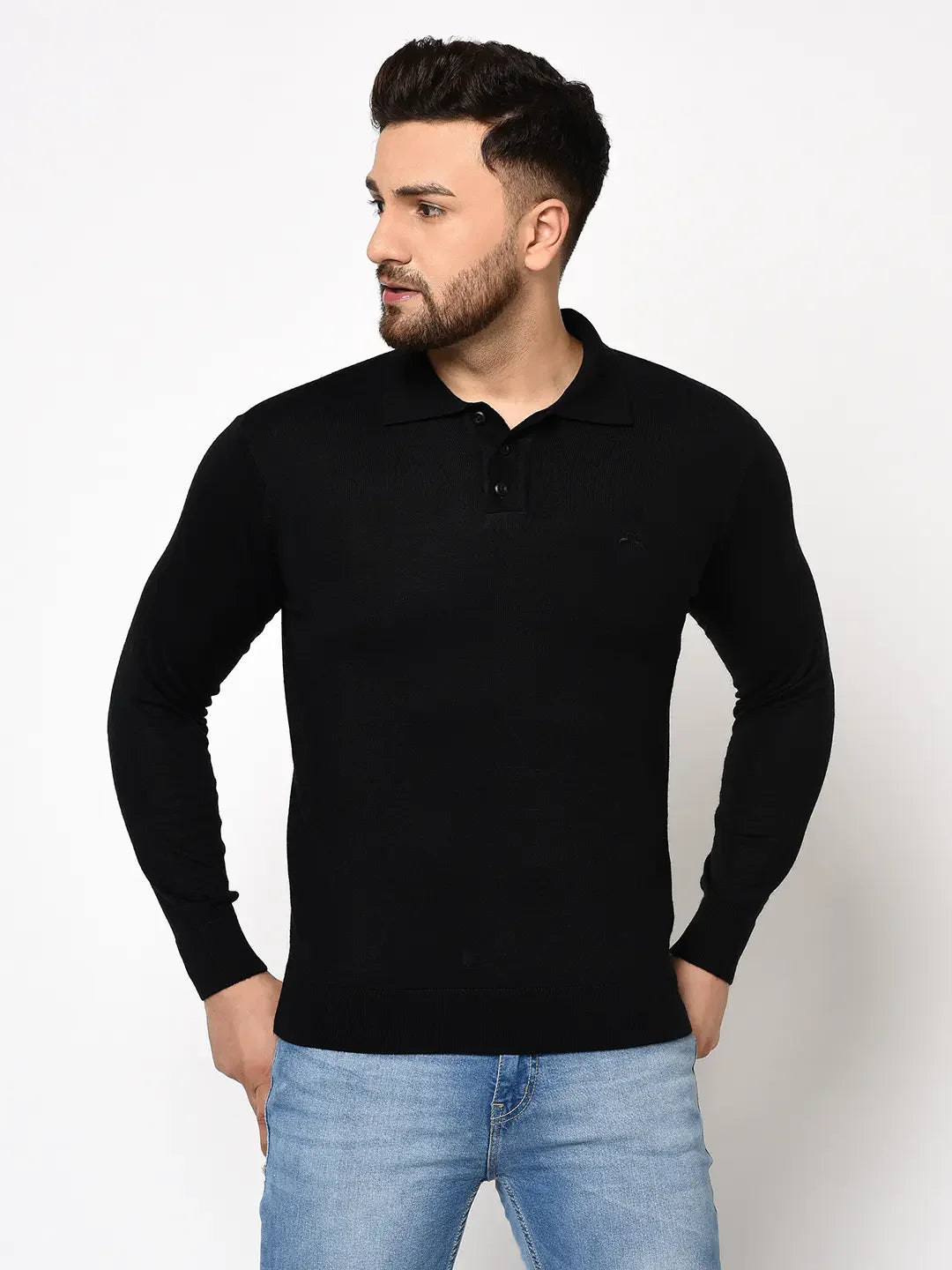 Man with dark hair and beard in 98degreenorth Men's Black Merino Wool Polo Neck Sweater, premium winterwear style.