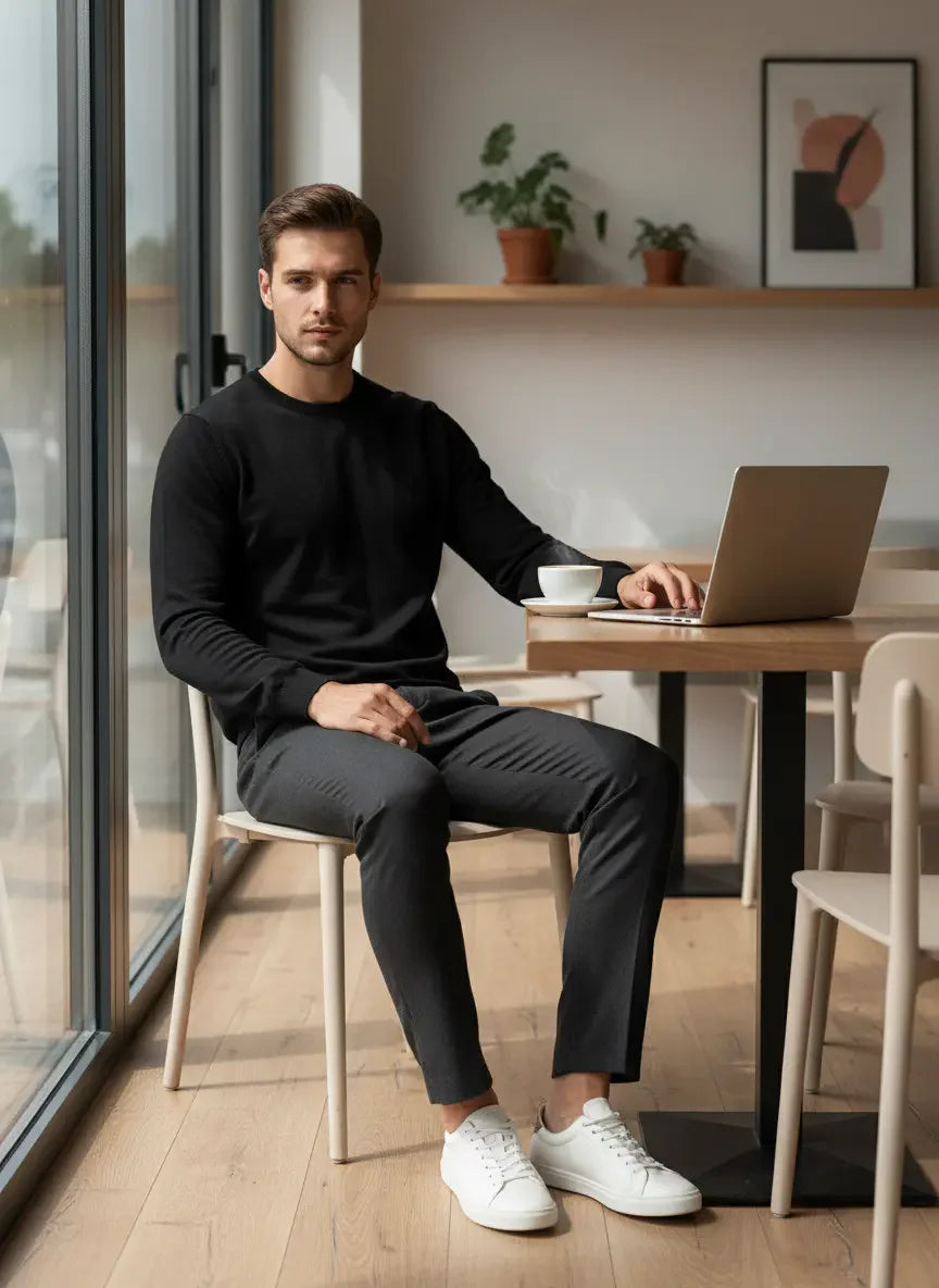 A man in a 98degreenorth Men’s Black Premium Merino Wool Sweater sits with laptop and coffee in a bright cafe.