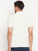 Man in 98degreenorth Butter Yellow Vertical Striped Polo T-Shirt, facing away against a plain background.